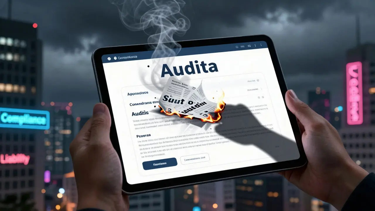 A financial AI interface malfunctions as text disintegrates, surrounded by burning legal documents and a stormy cityscape.