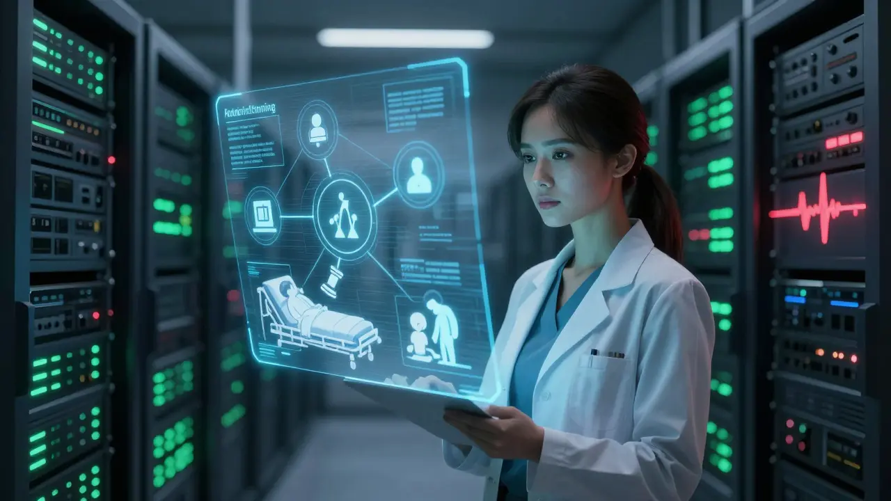 An AI specialist faces a hologram linking outdated data to patient harm, surrounded by fading server lights in a vast data center.