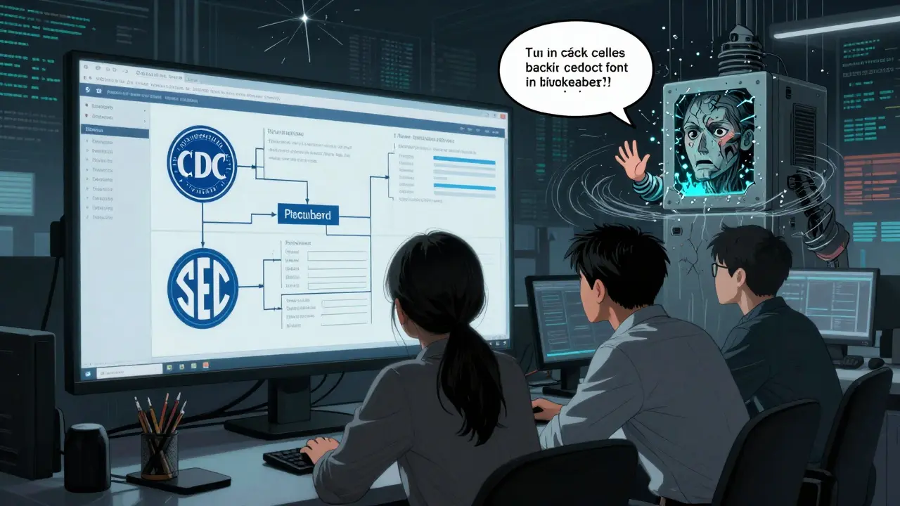 Engineers monitoring live fact-checking systems as a corrupted AI spews lies in a dark office.