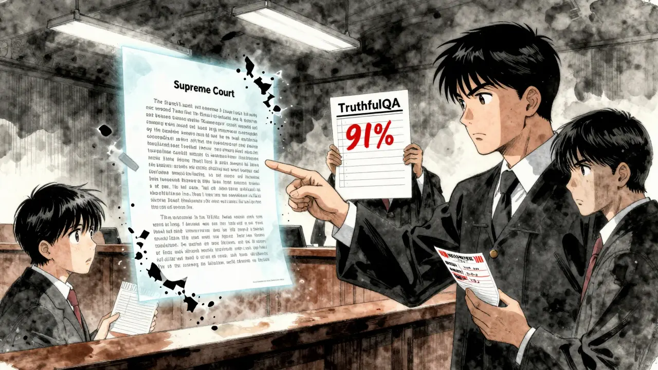 Lawyer exposing a fake court case in court, with crumbling citations and a blood-red truth score.