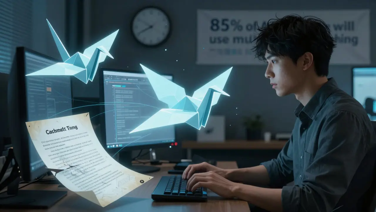 A developer surrounded by floating vector embeddings, one turning into a cached answer, another into a crumbling policy document.