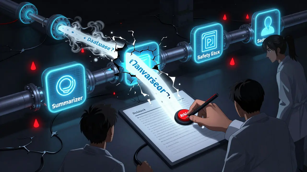 A fractured AI pipeline leaks distorted text as engineers argue over a prompt registry with red alerts flashing.