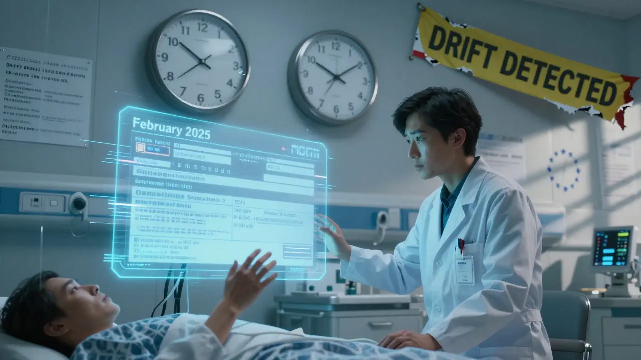 A glitching AI gives wrong medical advice in a hospital as EU regulatory shadows loom over the scene.