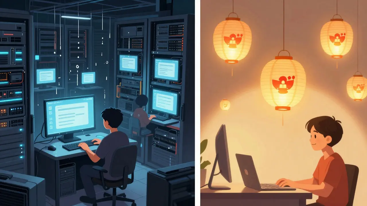 Chaotic AI servers contrast with a calm cache system, serving fast answers with golden light to a smiling user.