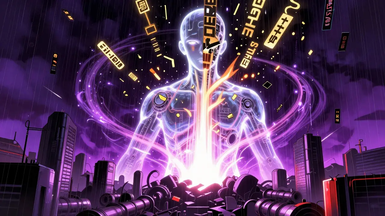 Glowing LLM entity towering over crumbling pipeline components in neon rain