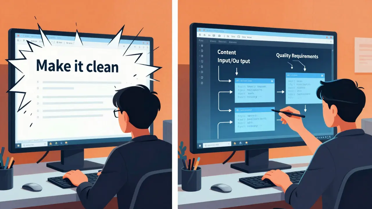 Split scene: chaotic vague prompt vs. structured clear prompt, with messy code exploding versus clean code emerging orderly.