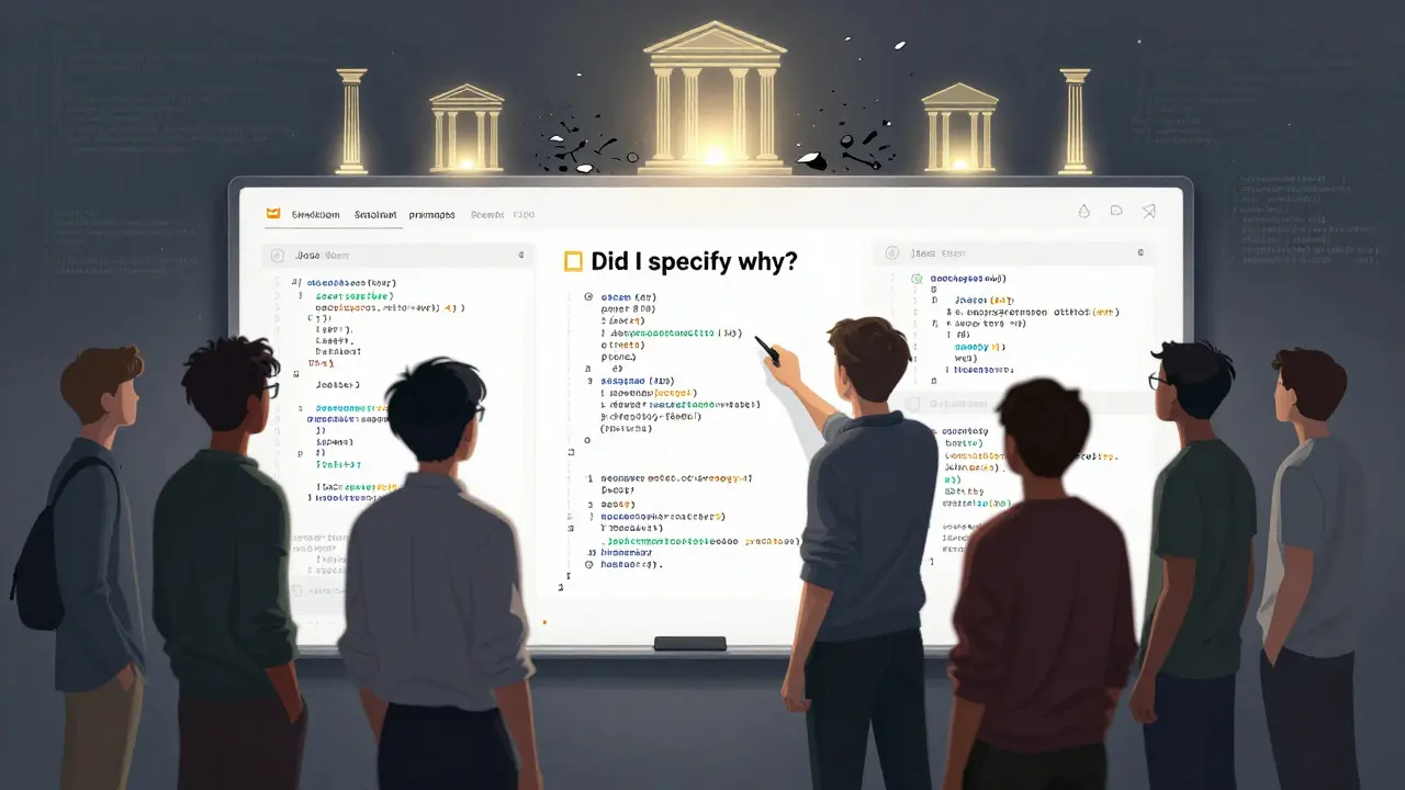 Team reviewing well-documented code on a whiteboard, with crumbling failed code in shadows and clean modules rising like pillars.