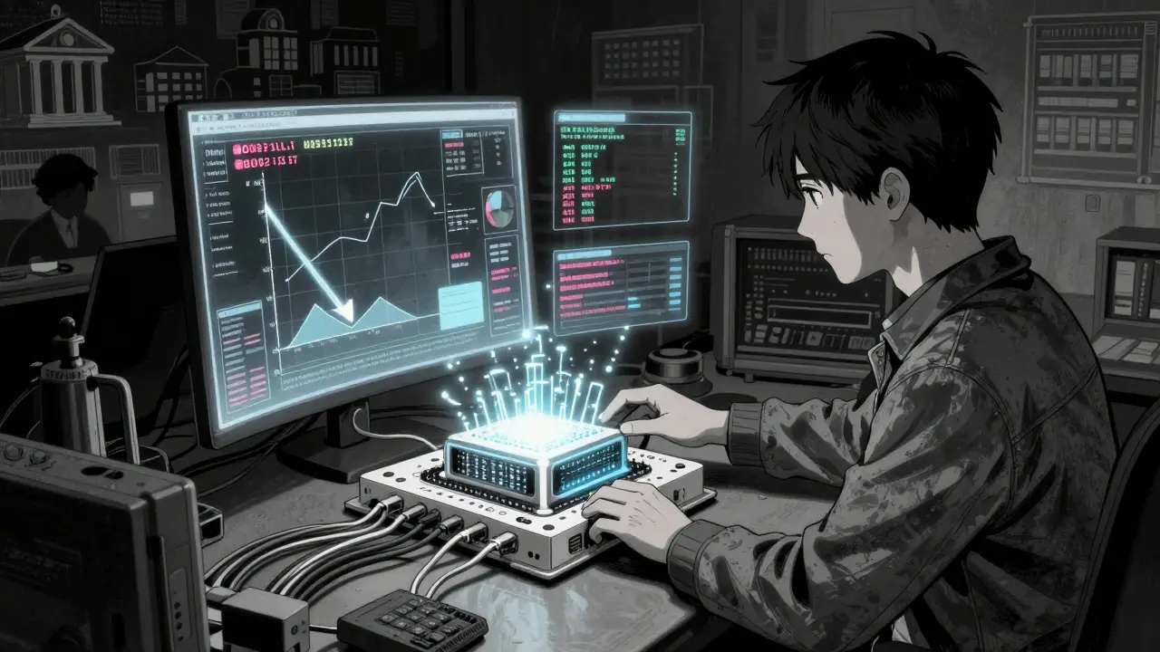 Technician connecting NLP pipeline to LLM core in dim control room