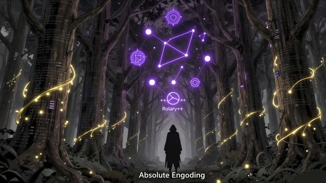 Code forest with RoPE vines extending to 131K tokens, while outdated encodings wither below.