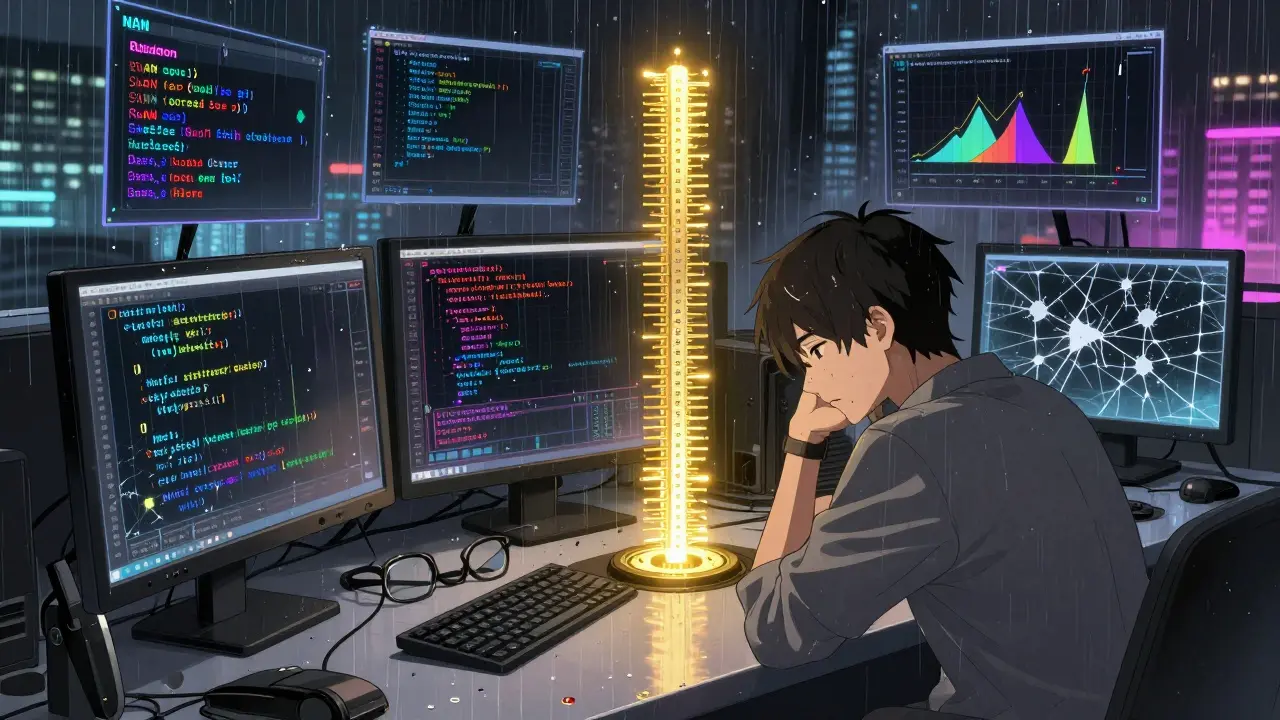 Engineer surrounded by RoPE implementation errors, with one correct rotation matrix glowing golden.