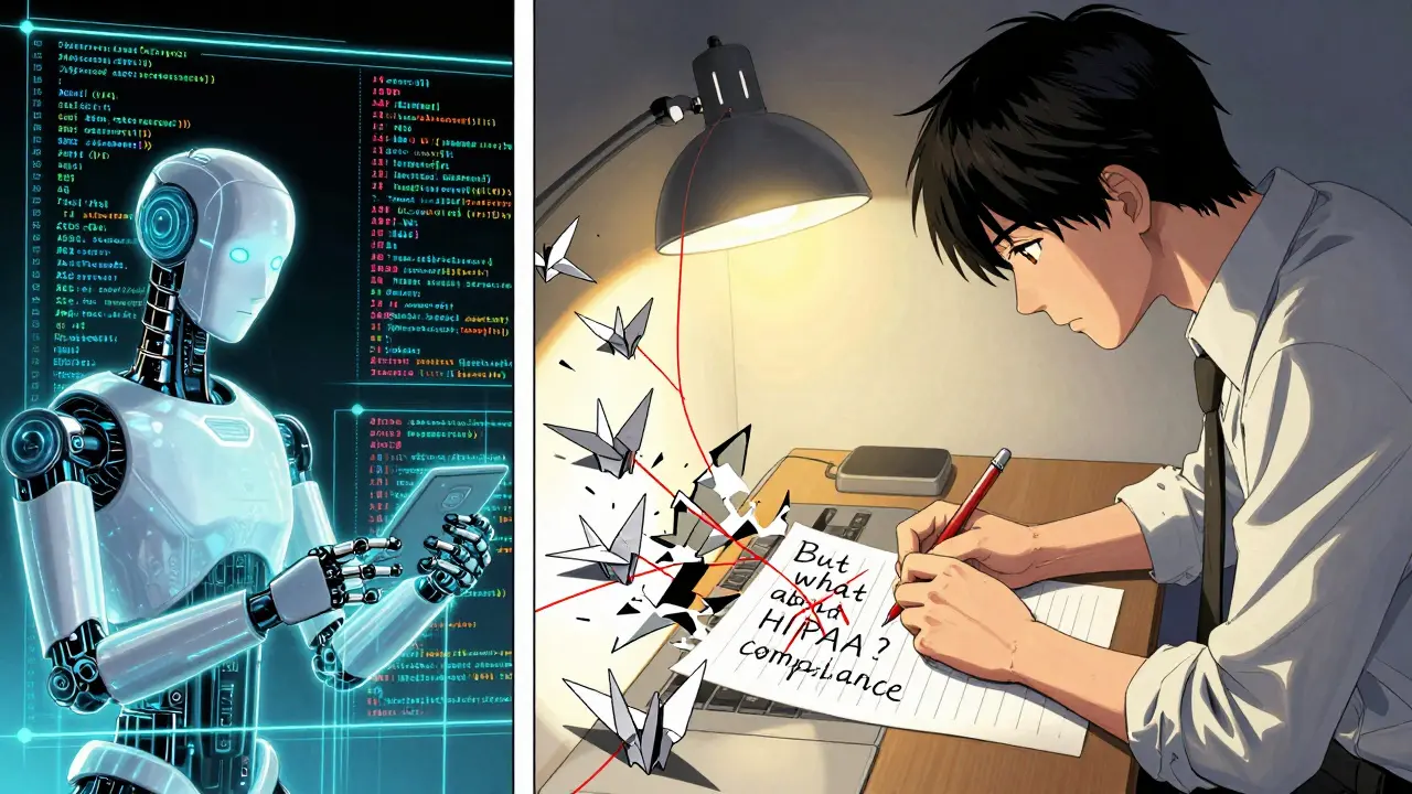 AI generating an ADR draft while a human architect adds a compliance note, floating historical records around them.