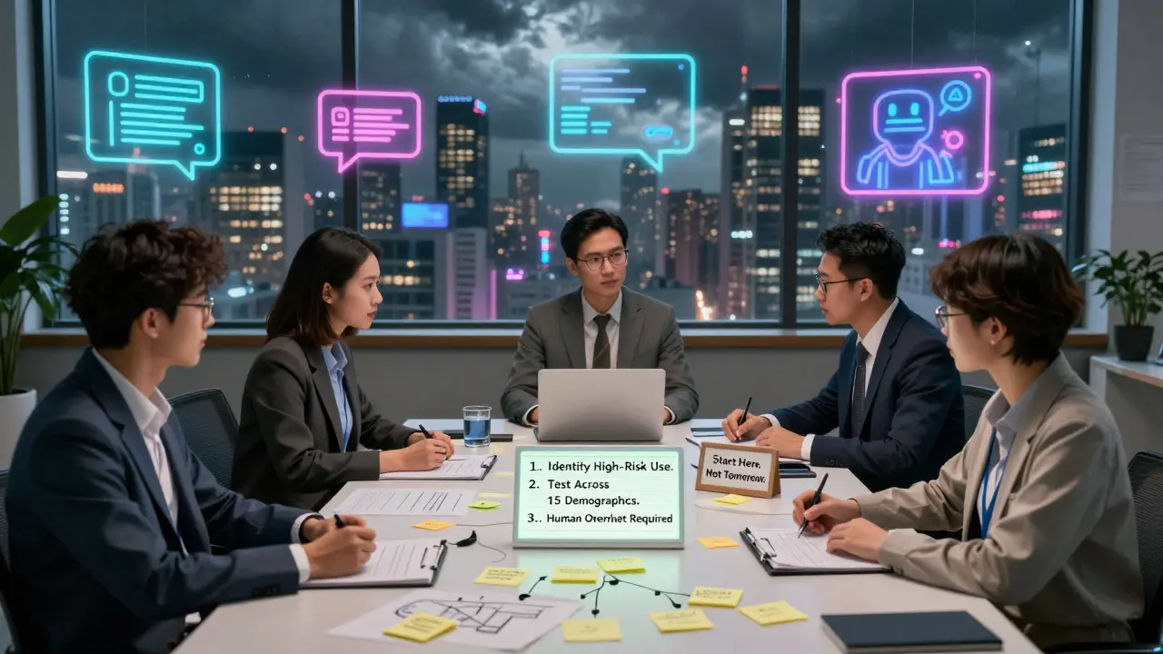 Diverse team reviewing AI ethics checklist with sticky notes and flowcharts on table.