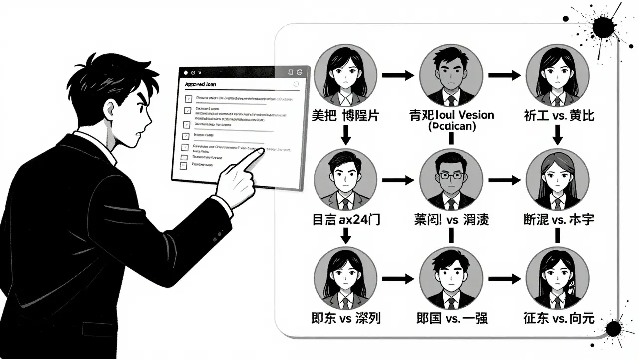 Split scene: approved loan vs. hidden rejected applicants with model metadata in stark black-and-white Gekiga art.