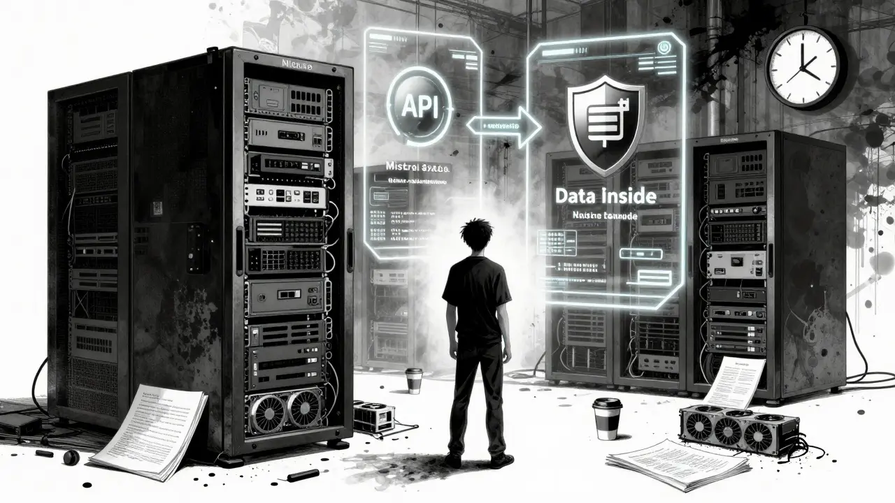 A developer stands before a towering server rack, surrounded by chaos, facing a choice between cloud API and self-hosted AI.