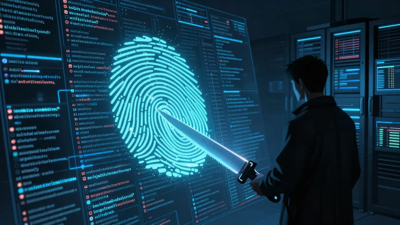 A simhash fingerprint erases duplicate text fragments in a chaotic sea of web content under neon lights.