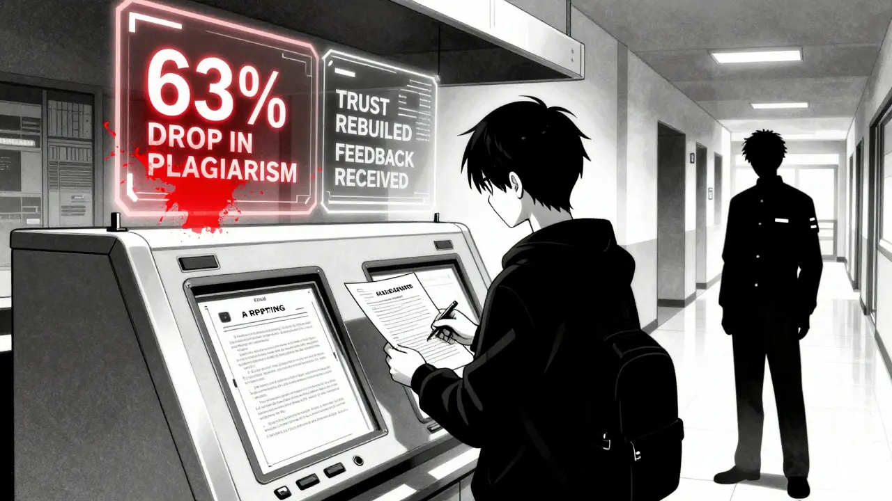 A student anonymously reports AI misuse at a university kiosk, with trust metrics glowing nearby.