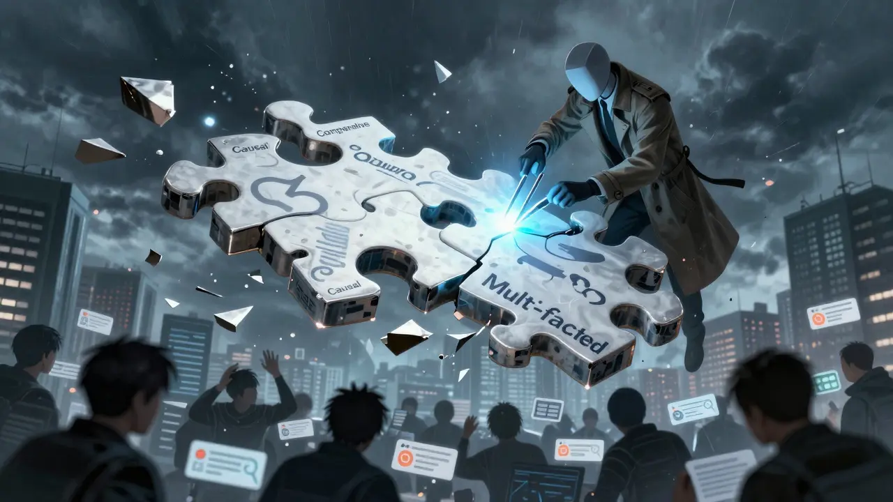 AI figure assembling a fractured puzzle of complex query types in a stormy city.