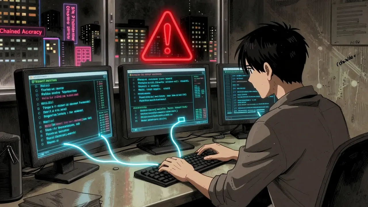 An analyst connects glowing data streams between three terminals, a red warning symbol glowing above the middle one.
