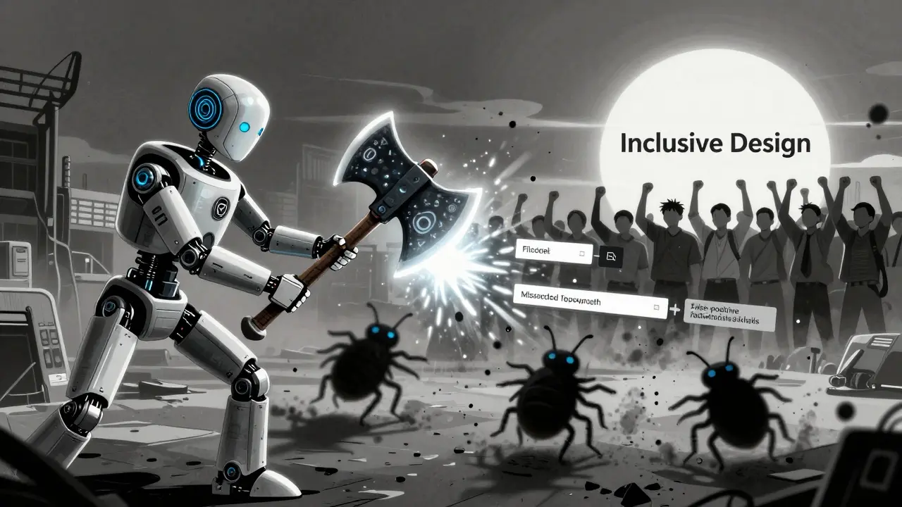 Automated test bot defeating accessibility bugs with axe-core blade under a rising sun of inclusive design.