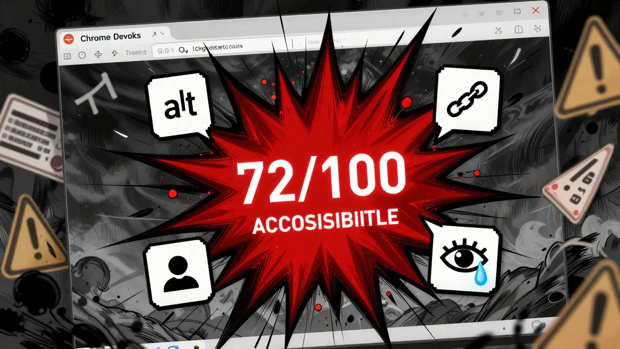 Chrome DevTools showing a failing Lighthouse score with floating accessibility errors and stormy warning signs.