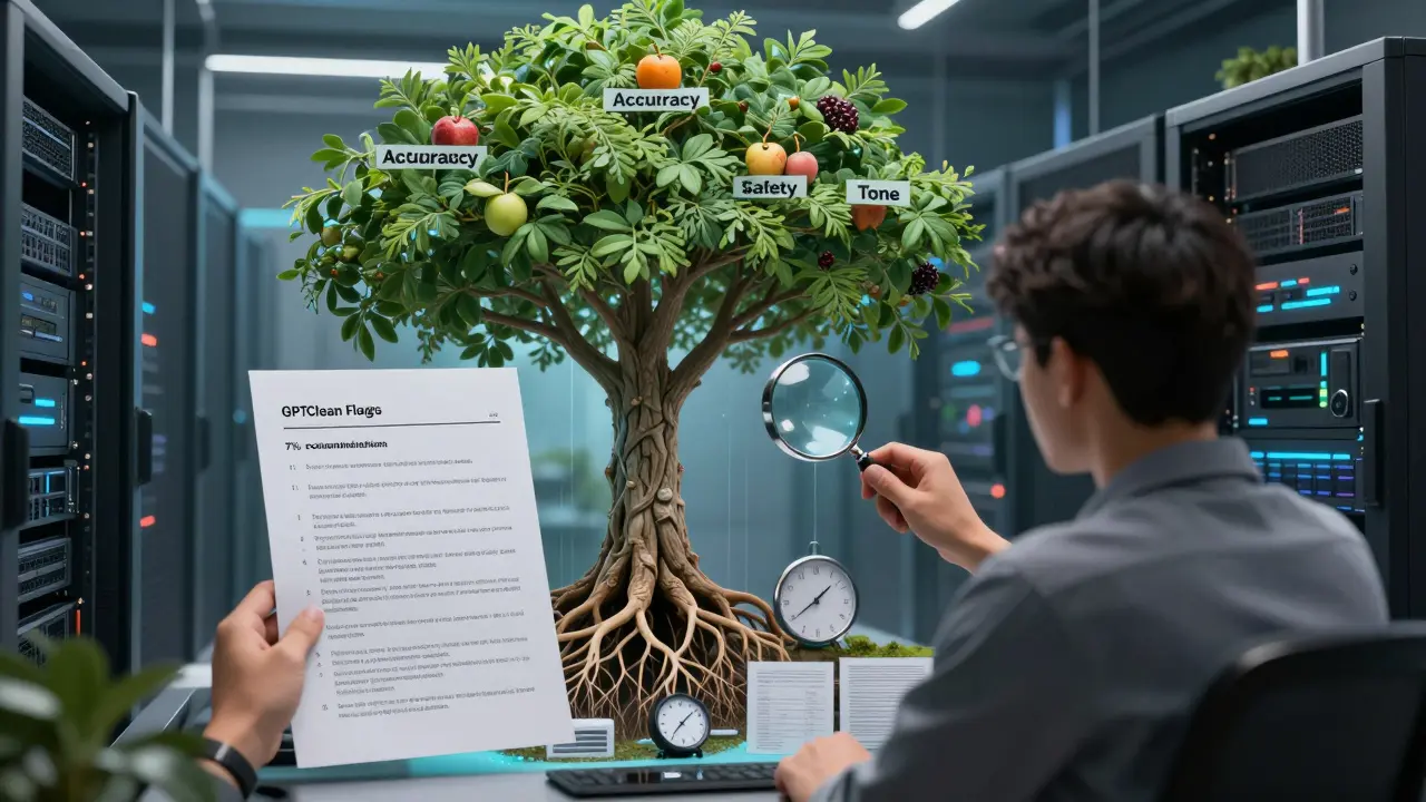 Developer examines contaminated test data under magnifying glass while a tree of accuracy grows from real patient records.