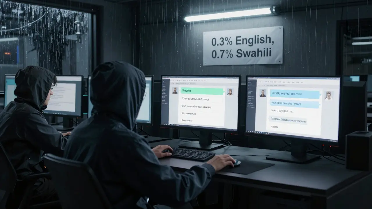 Developers in a dim server room watching multilingual chatbots, a paper with optimal sampling ratios on the wall.