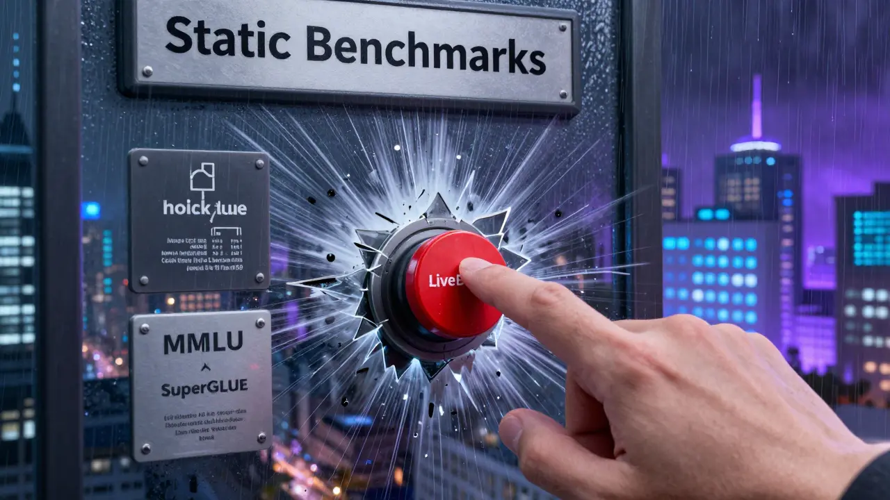 Hand activates LiveBench as static benchmarks shatter under a storm of dynamic data streams.