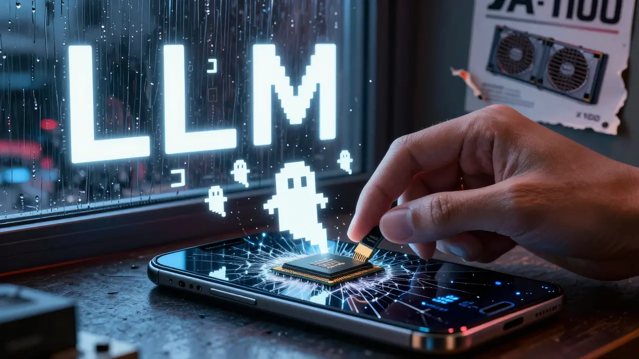 Hand inserting 4-bit chip into smartphone as giant LLM dissolves into pixels