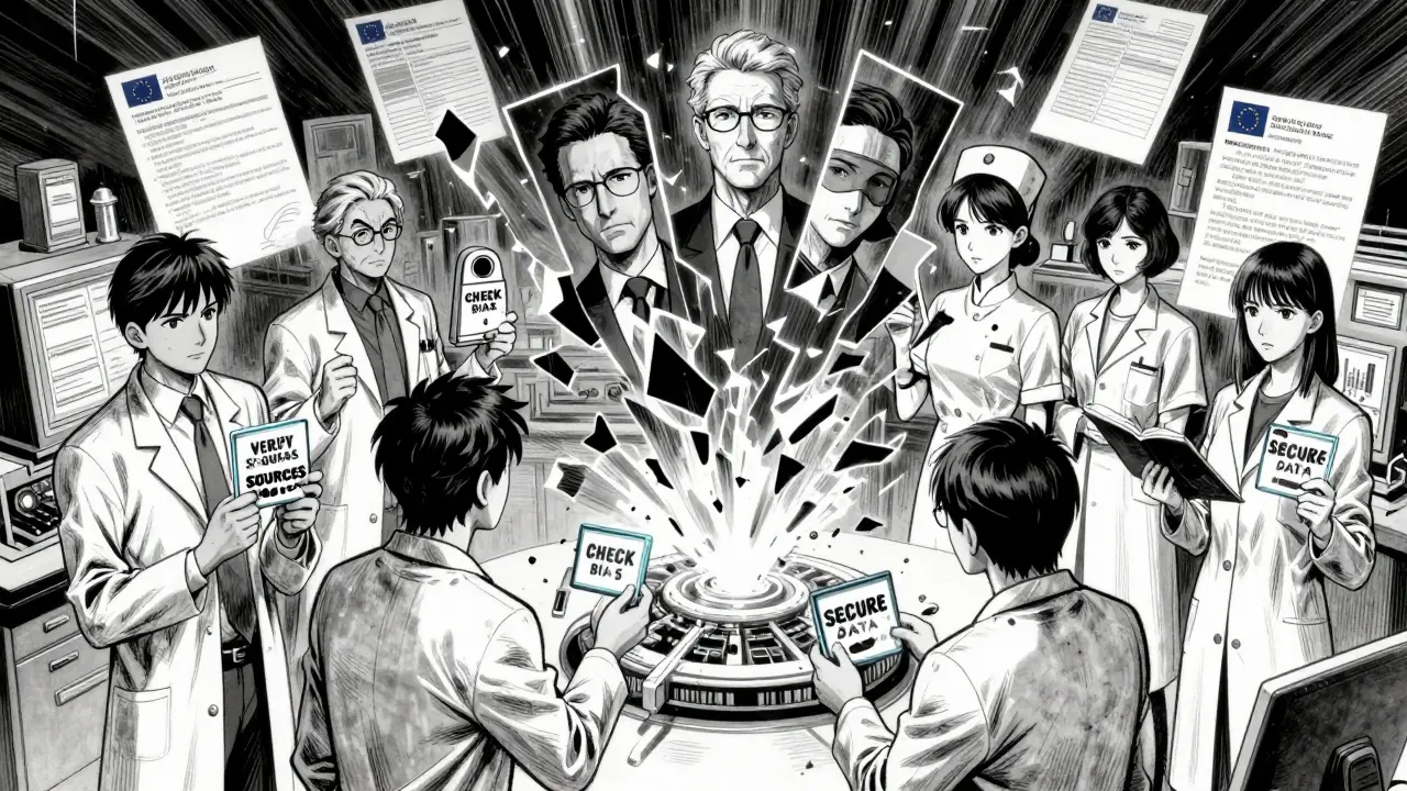 Researchers pass ethical prompt cards to a fractured AI core, symbols of bias and regulation swirling around them.