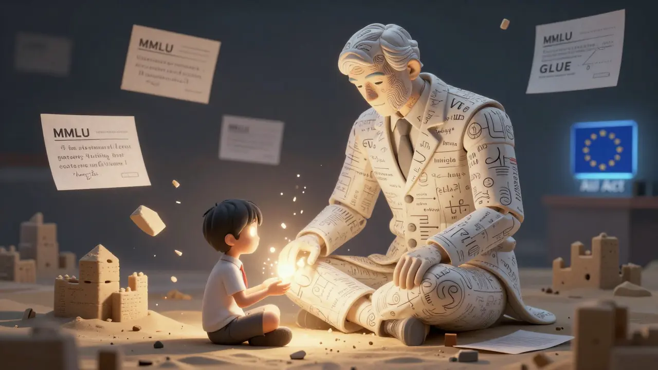 Small student model absorbing knowledge from a towering teacher model in a misty room