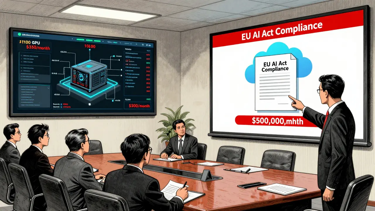 Split scene: one side shows low-cost self-hosted AI processing documents, the other shows expensive cloud API usage with compliance warnings.