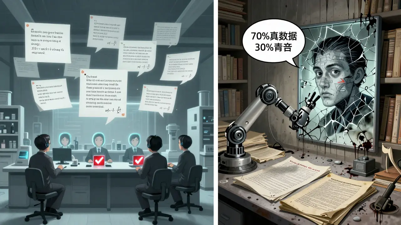 Synthetic data is verified by AI judges while real legal and medical documents are scanned in a dim lab.