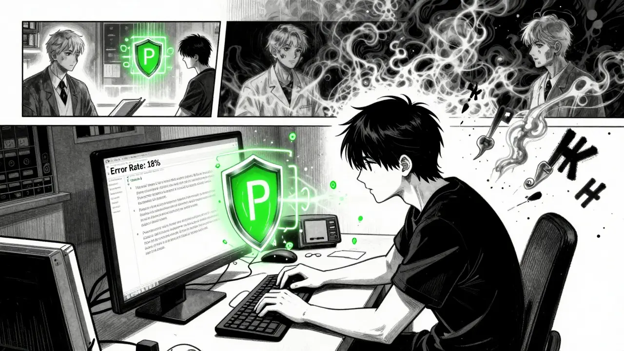 A developer transforms a vague query into a secured prompt with cryptographic symbols, as failed diagnoses vanish into smoke.