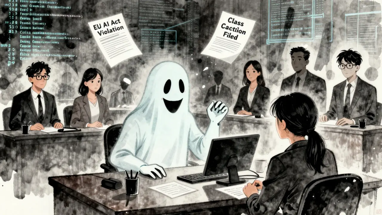 A ghostly AI chatbot looms over a distressed client in court, surrounded by human reviewers in silent judgment.