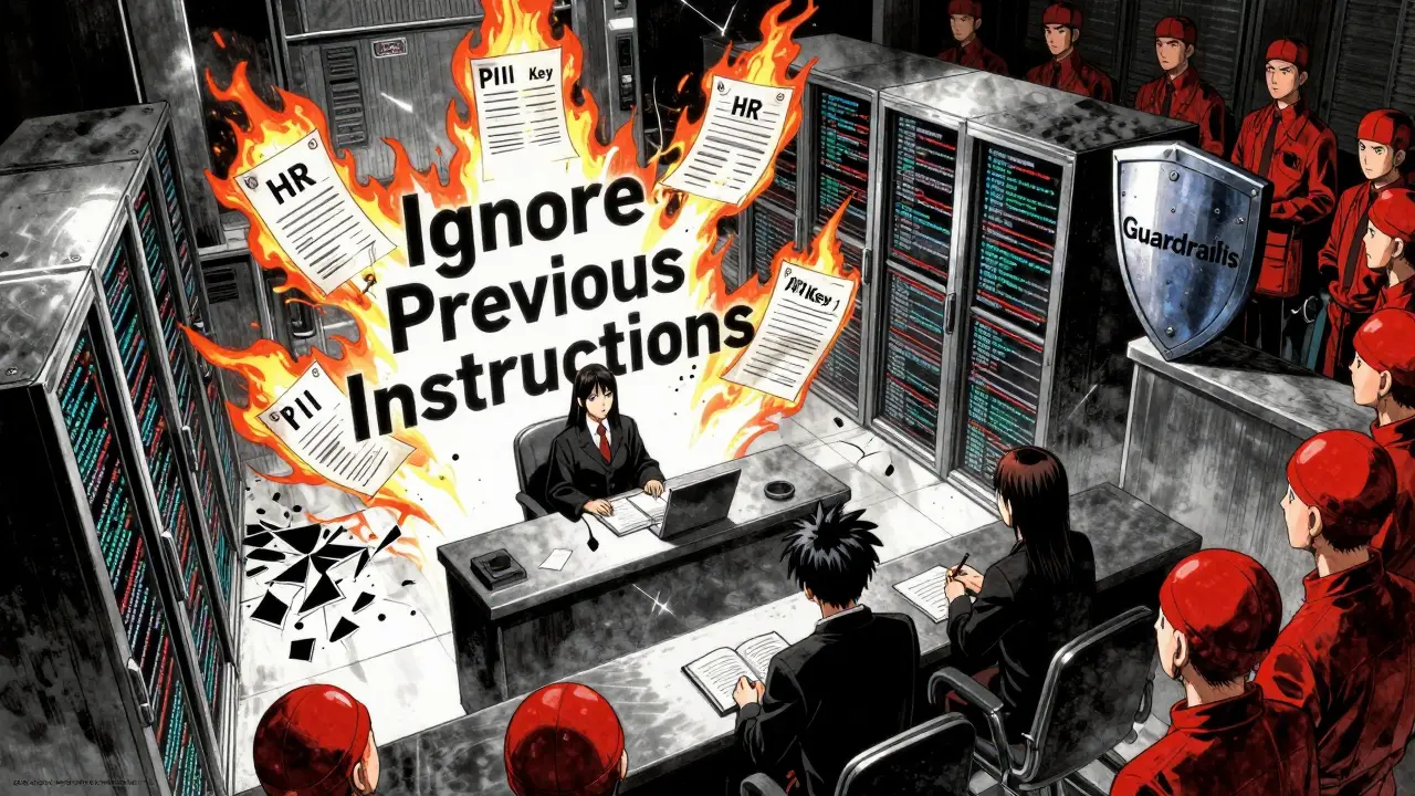 A judge made of code presides over a text-based defendant while sensitive documents burn in a server room.