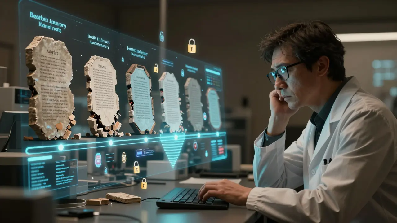 A researcher watches holographic memory tablets crumble as nested layers rebuild the AI’s knowledge in a dim lab, Gekiga style.