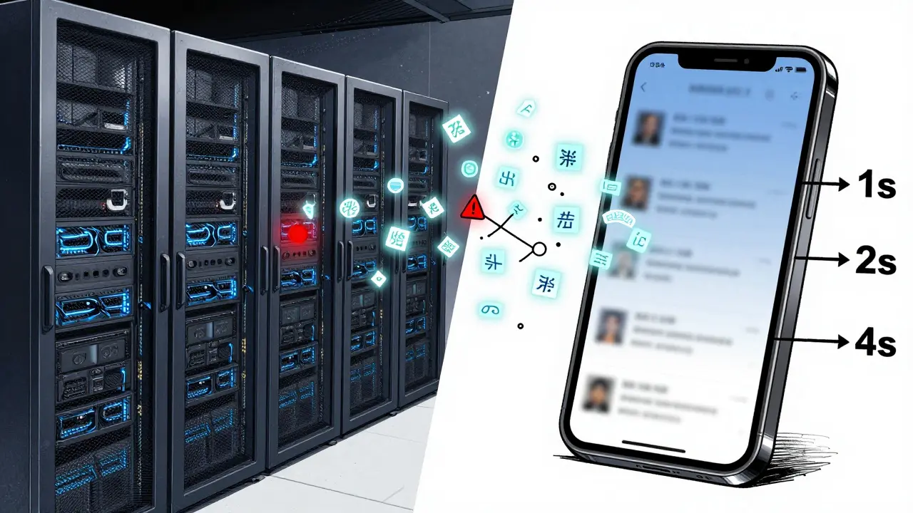 A server room and smartphone screen show streaming tokens breaking apart during a network glitch, with retry timers visible.