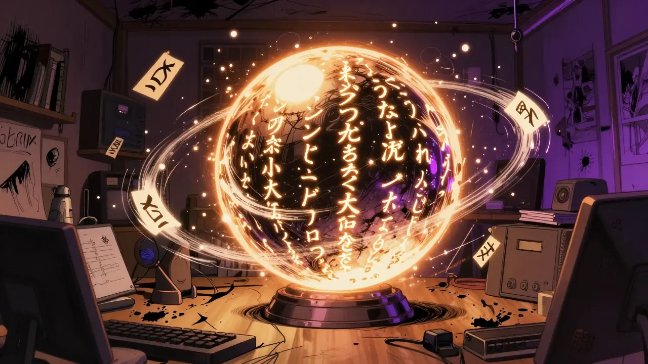 A swirling storm of glowing symbols bursts from an AI orb, forming poetry and abstract chaos in ink-splattered light.