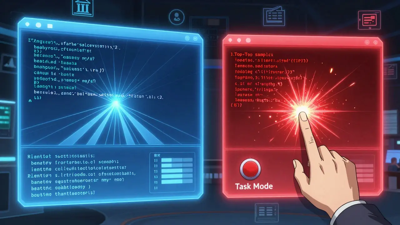 A technician hovers over a switch between two glowing interfaces: one precise and blue, the other fluid and red.