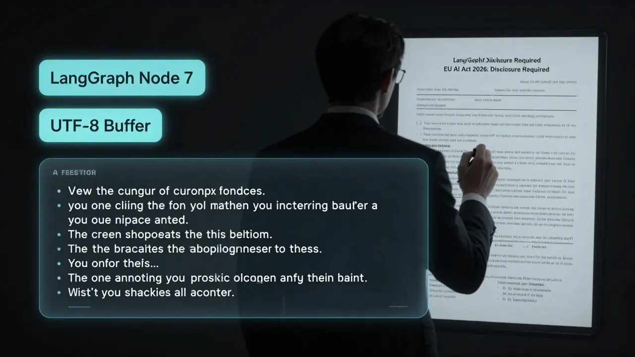 AI streaming text with metadata tags floats beside adaptive pacing visuals, while a figure signs an AI disclosure form in the background.