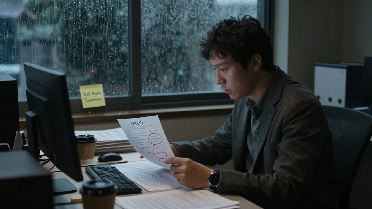 An analyst examines biased AI output with red annotations, rain outside, in moody Gekiga comic style.