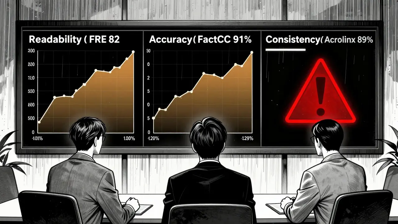 Analysts watching a digital dashboard with three metrics in a boardroom, one flickering with a hidden warning symbol.