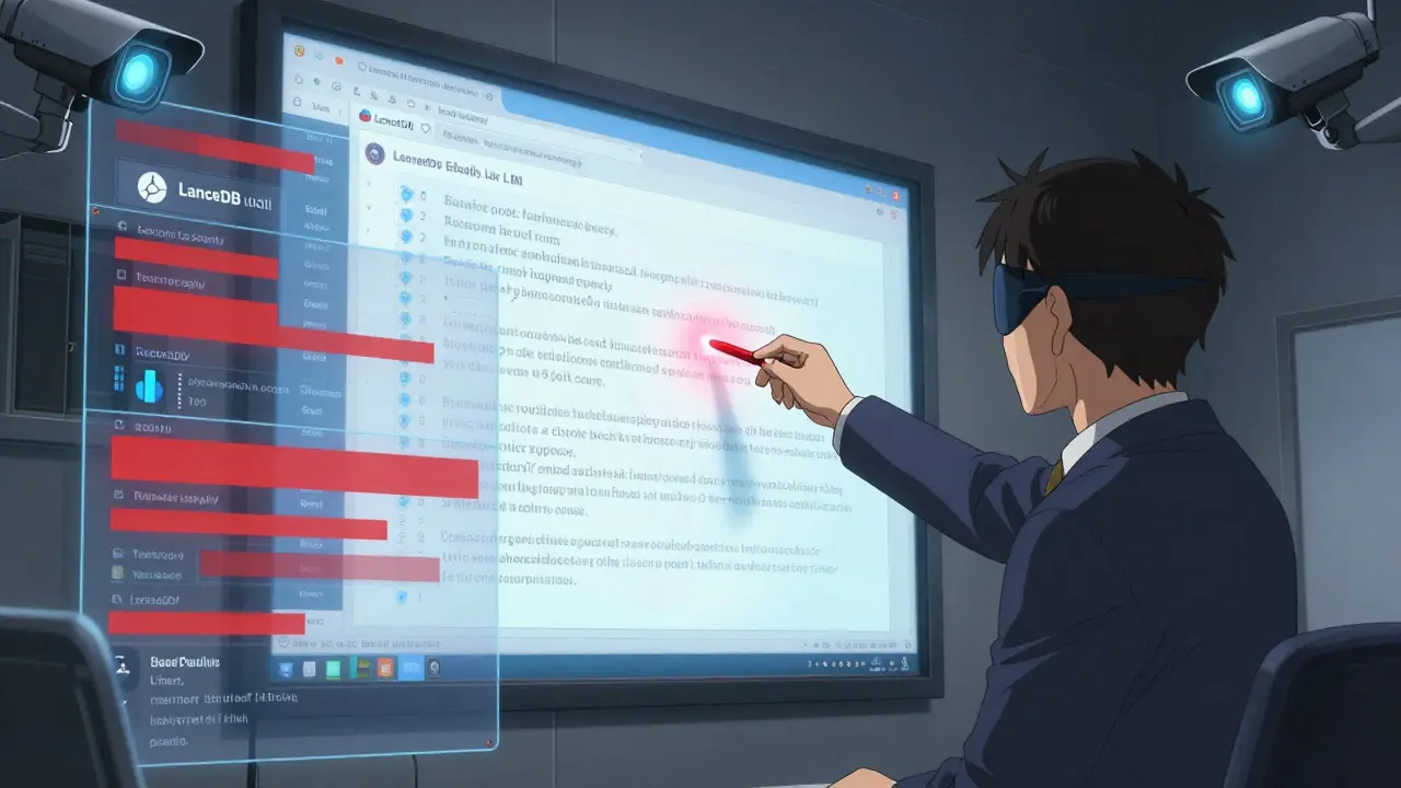 Compliance auditor exposing PII redaction in real-time as live data streams into a LanceDB node.