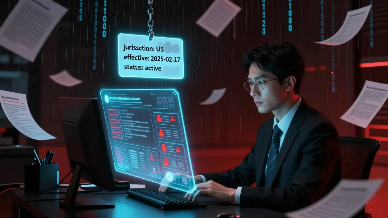 Compliance officer reviewing flagged transaction with holographic FinCEN guidelines and metadata tags.