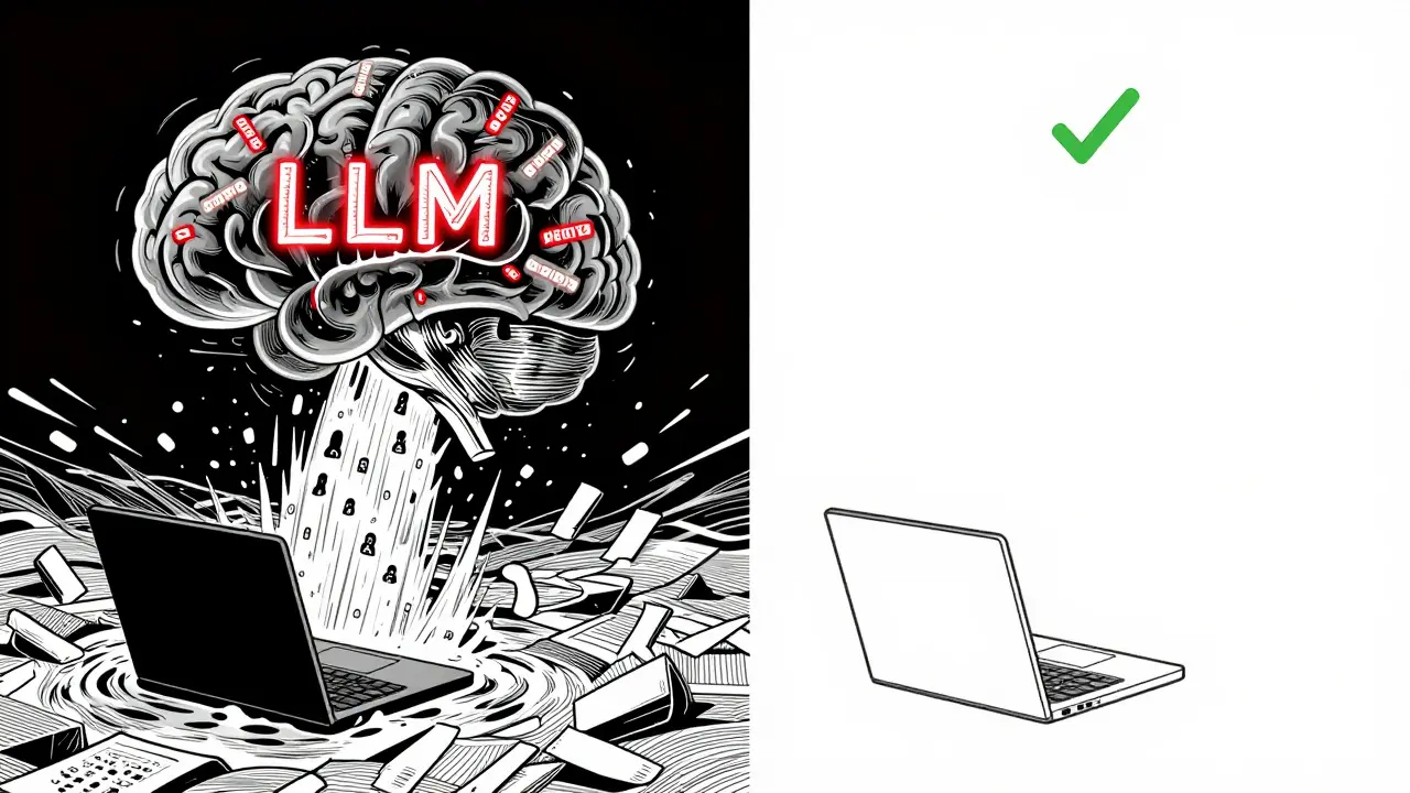 Contrast between chaotic data overload and clean, abstracted prompt inputs for AI.