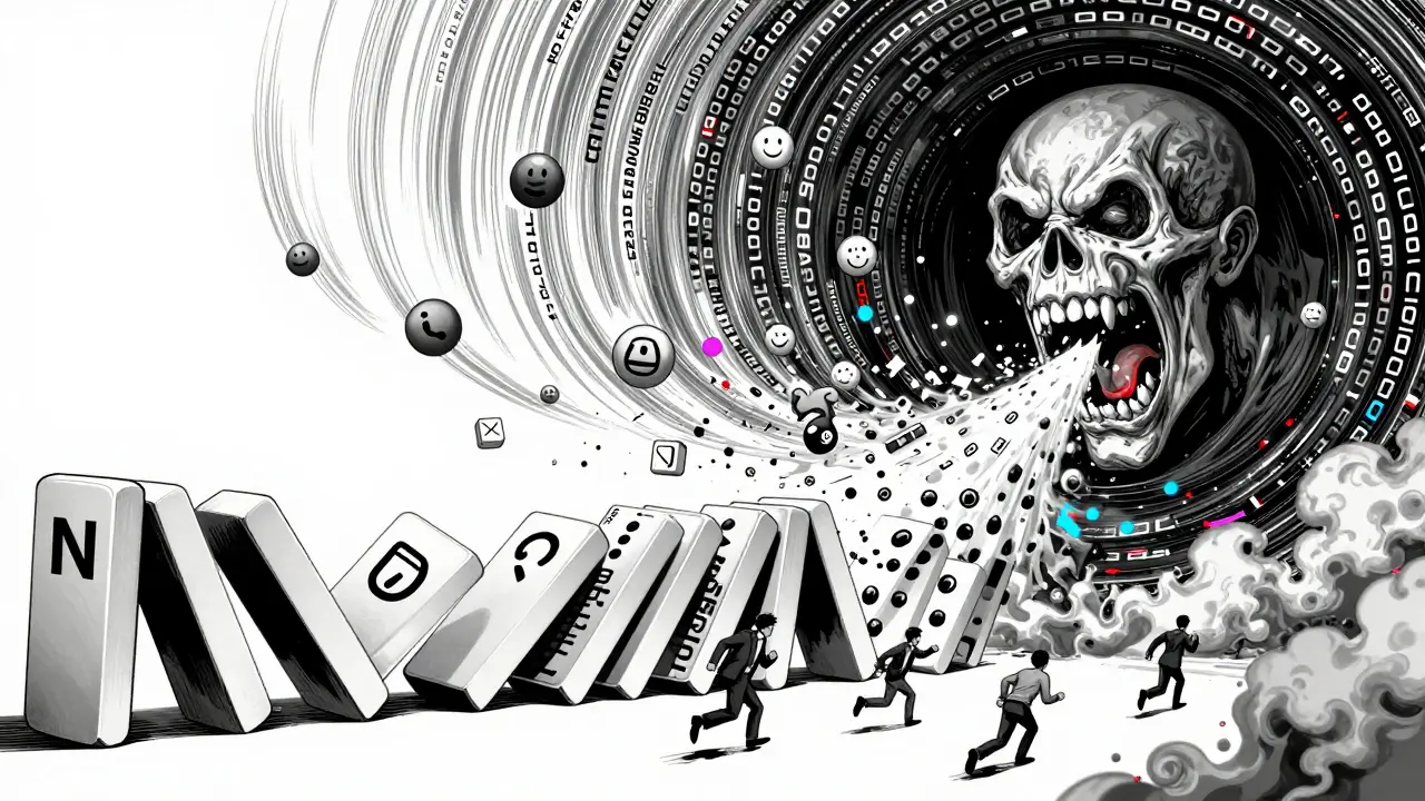 Corporate logos collapse into a vortex of encoded text as a monstrous LLM consumes itself in a glitchy cascade.