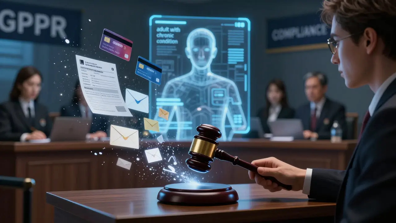 Courtroom scene where personal data is destroyed, replaced by minimal AI-friendly abstractions.