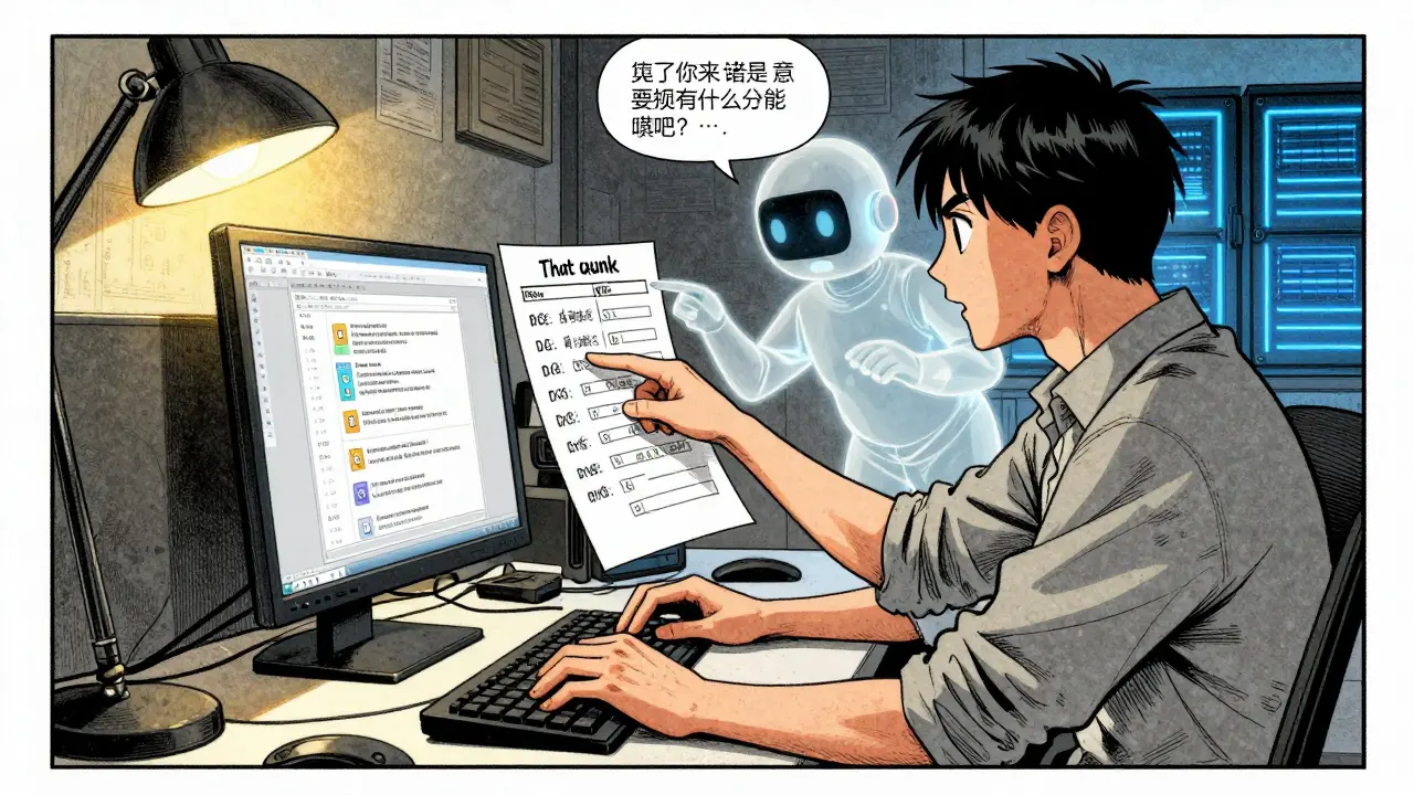 Developer and product manager collaborating at a desk with AI prompts hovering nearby, detailed manga shading.