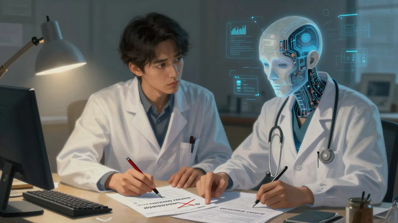 Doctor and AI avatar reviewing a medical chart together, one correcting misleading financial language with a red pen.