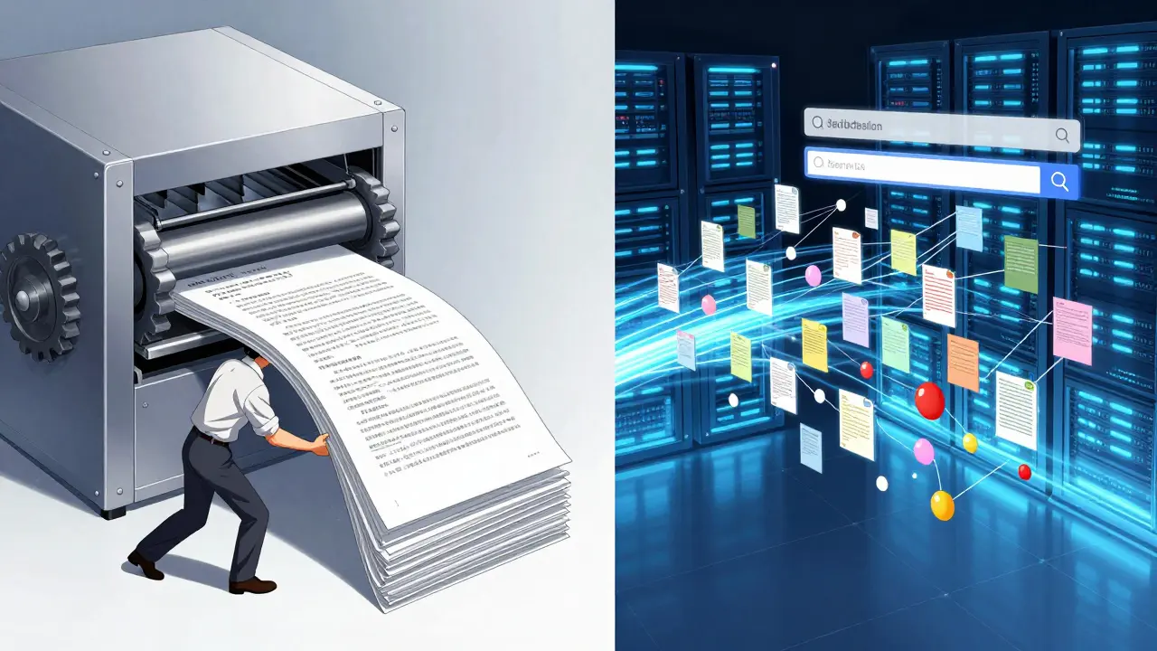 Document chunker machine transforming PDFs into labeled fragments beside a glowing vector database.